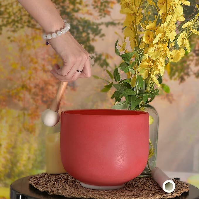ALIOTH Red C note Root Chakra Crystal Singing Bowl 8 inch with Sound Bowl Suede Striker for yoga