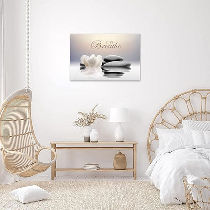 Zen Stone Canvas Wall Art Just Breathe Yoga Quotes Poster for Spa Decor White Lotus Flower Pictures Prints for Bathroom Modern Spiritual Artwork Framed (16 x 24inches)