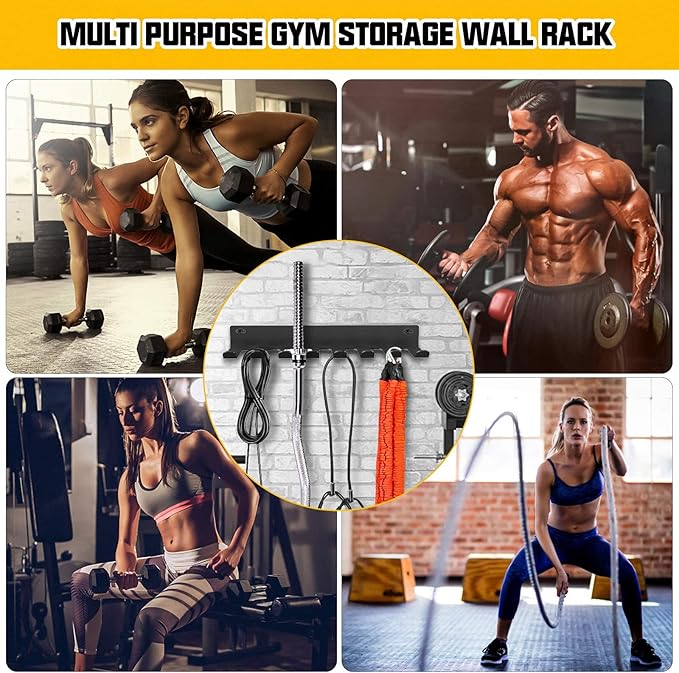 Gym Equipment Storage Rack,Multi Purpose Wall Mount Home Gym Equipment Storage Rack for Resistance Bands, Jump Ropes, Yoga Mat, Foam Roller, Chains, Barbells Carabiners Included, gift