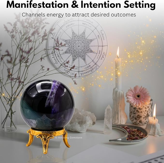 Amazing Gemstone Fluorite Crystal Ball with Stand - 2 Inches Crystal Sphere Meditation Balls for Witchcraft and Decorative Balls