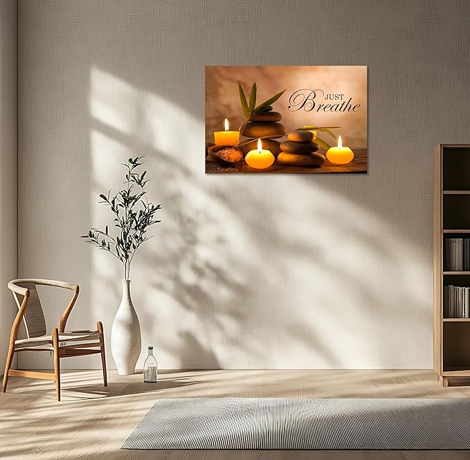YIOZHAOFH Zen Wall Decor Just Breathe Motivational Bathroom Wall Art Yoga Room Poster for Women Spa Picture Painting Spiritual Artwork Framed for Living Room Ready to Hang (12L x 16W)