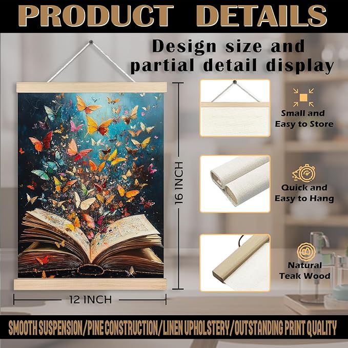 Colorful Butterfly Book Canvas Wall Art Poster, Reading Nook Corner Decor, Vintage Fantasy Bookish Wall Decor Prints for Library Reading Room Classroom Home, 12x16 Inches