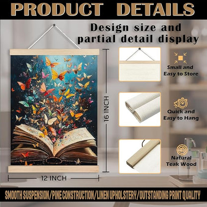 Colorful Butterfly Book Canvas Wall Art Poster, Reading Nook Corner Decor, Vintage Fantasy Bookish Wall Decor Prints for Library Reading Room Classroom Home, 12x16 Inches