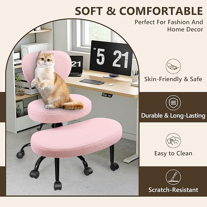Ergonomic Cross Legged Office Chair with Wheels - Adjustable Height for Meditation, ADHD Desk & Yoga - Wide Criss Cross Design with Lumbar Support, Kneeling Chair - Pink