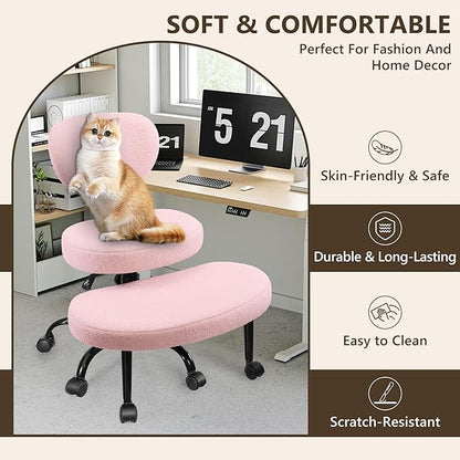 Ergonomic Cross Legged Office Chair with Wheels - Adjustable Height for Meditation, ADHD Desk & Yoga - Wide Criss Cross Design with Lumbar Support, Kneeling Chair - Pink