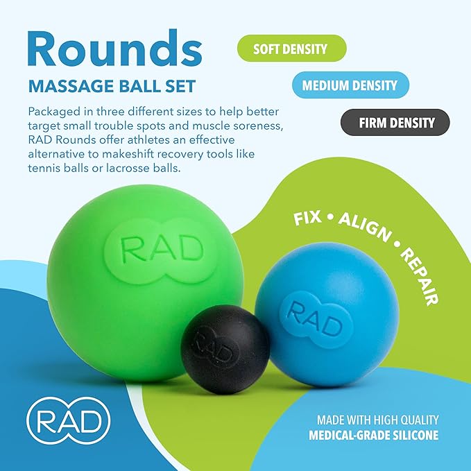 RAD Rounds – 3 Density Yoga Massage Ball Set for Deep Tissue Myofascial Release – Therapy Balls for Feet, Back, Neck, Jaw & Forearms – Trigger Point & Mobility Therapy (3-Pack)