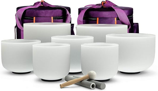 TOPFUND 6-12 inch Chakra Set of 7 Crystal Singing Bowls with Carrying Cases and Mallets