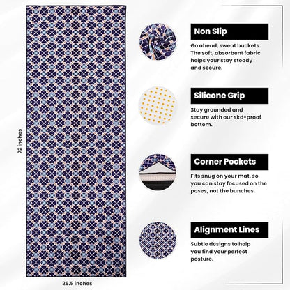 Yoga Drip Yoga Towel - Non Slip Hot Yoga Mat Towel With Corner Pockets, No-Skid Grip, and Built-in Alignment Lines | Soft, Moisture Wicking, and Sweat Absorbent | No Bunching, Stays in Place 72" x 25"