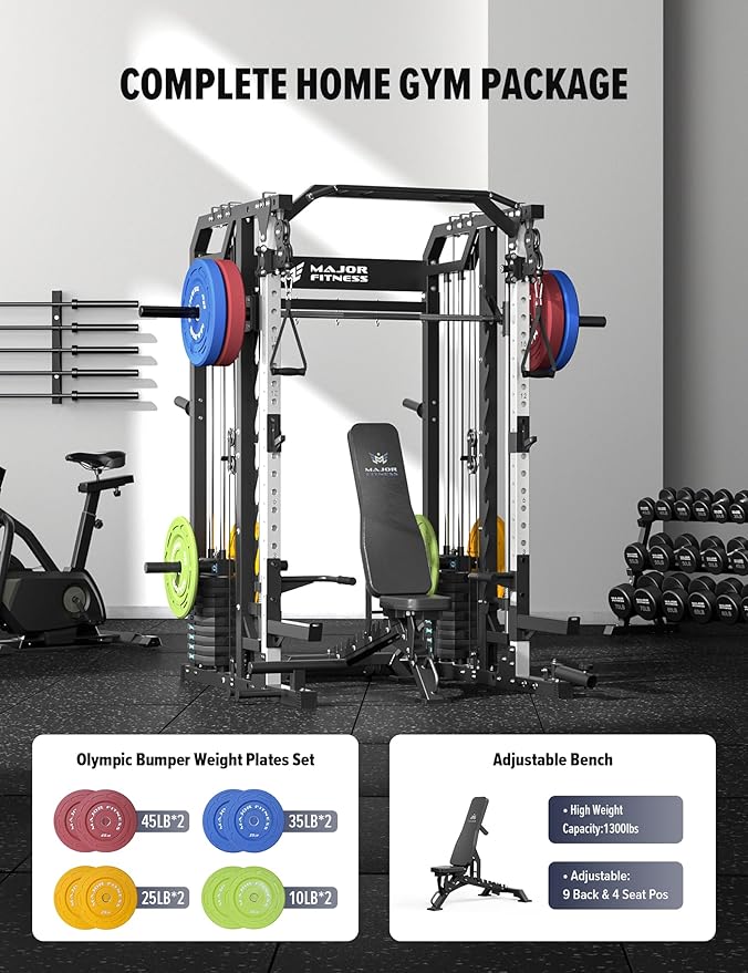 Major Fitness Smith△ Machine Drone2 Premium, All-in-One Home Gym Squat Rack with Aluminum Pulley Set , Weight Bar, Dual LAT Pull-Down Systems & Cable Crossover Machine for Full-Body Workouts