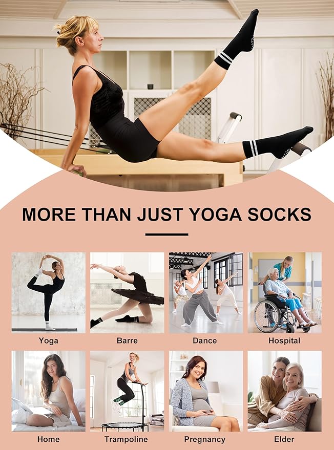 Toes Home Pilates Socks for Women with Non Slip Grippers, Yoga Crew Socks for Barre Hospital Sticky Slipper Socks 4 Pairs