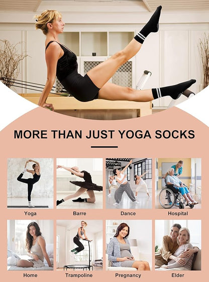 Toes Home Pilates Socks for Women with Non Slip Grippers, Yoga Crew Socks for Barre Hospital Sticky Slipper Socks 4 Pairs