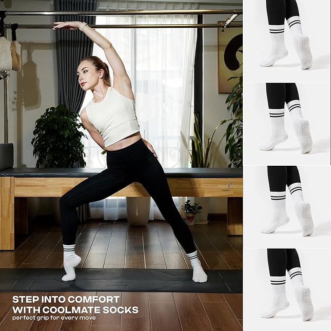 CoolMate Pilates Socks with Grips for Women, Yoga Socks, Crew Non Slip Women for Workout, Barre, Pilates Gifts