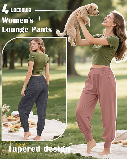 2 Pack Women's Yoga Joggers, Cozy Sweatpants with Pockets Casual Loose Comfy High Waisted Lounge Pants