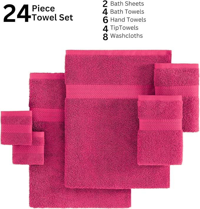 LANE LINEN 100% Cotton Bathroom Towels Set - 24 Pc - Ringspun - Plush, Quick Dry, Soft & Absorbent - 2 Bath Sheets, 4 Bath, 6 Hand Towels, 8 Washcloths, 4 Fingertip - Ideal for Daily Use- Fuchsia