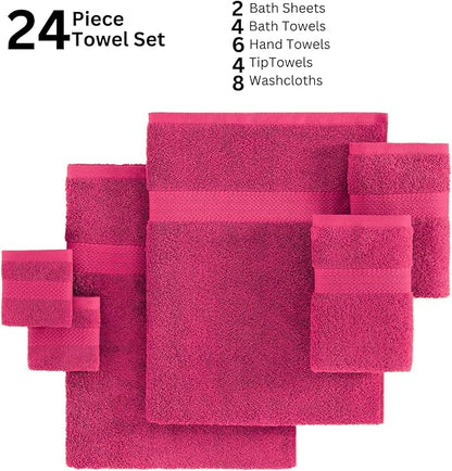 LANE LINEN 100% Cotton Bathroom Towels Set - 24 Pc - Ringspun - Plush, Quick Dry, Soft & Absorbent - 2 Bath Sheets, 4 Bath, 6 Hand Towels, 8 Washcloths, 4 Fingertip - Ideal for Daily Use- Fuchsia