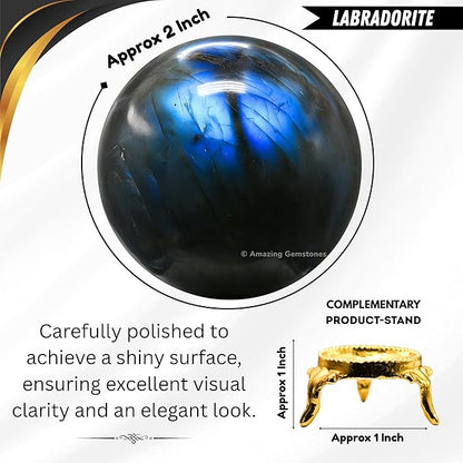 Amazing Gemstone Labradorite Crystal Ball with Stand - 2 Inches Crystal Sphere Meditation Balls for Witchcraft and Decorative Balls