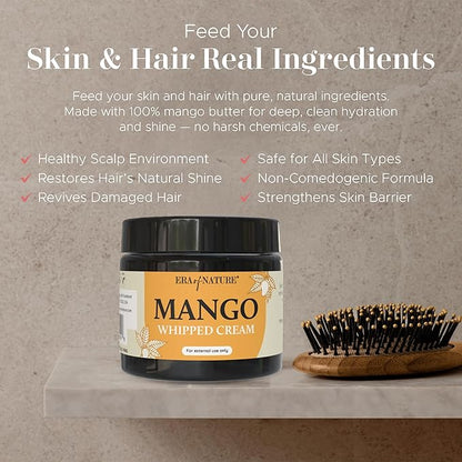 era of nature Mango Whipped Body Cream for Women 16oz - Lightweight Whipped Lotion with Pure Mango - Non-Greasy Body Butter Cream Lotion & Balm Moisturizer for Face, Hair & Dry Skin, Vegan Skincare