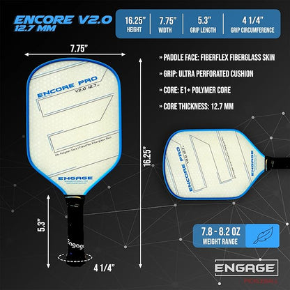 Engage Encore Pro V2.0 Pickleball Paddle – FiberFlex Fiberglass Face for Power & Spin, Available in Two Core Options (12.7mm for Power, 15.2mm for Control), Versatile Hybrid Shape