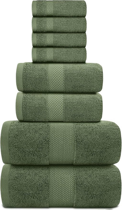 White Classic Luxury Bath Towel Set of 8 Pieces - 100% Turkish Cotton Highly Absorbent Towels for Bathroom, 2 Luxury Bath Towels 700GSM, 2 Hand Towels, 4 Washcloths, Sage Green