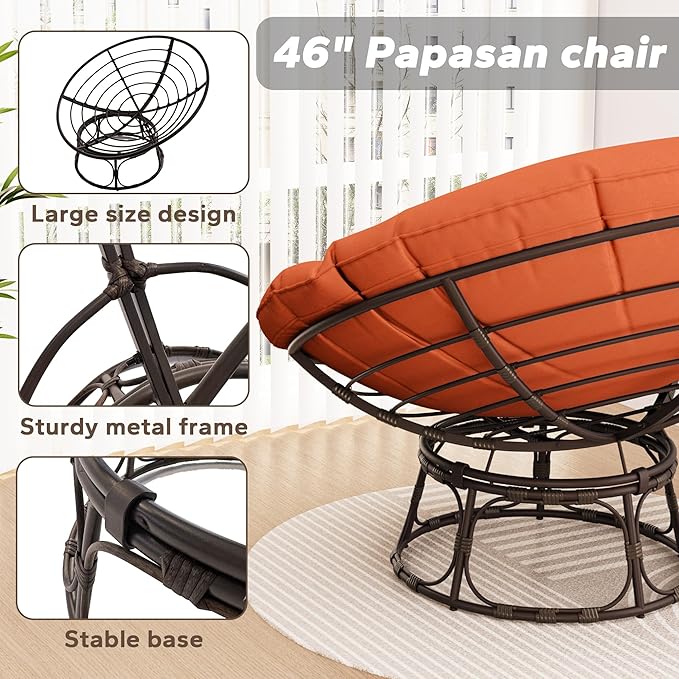 46'' Large Size Papasan Chair with Cushion and Frame, Round Lazy Chair for Living Room and Bedroom, Orange