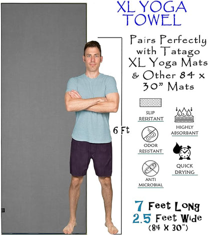 Tatago Hot Yoga Mat Towel Non Slip for Hot Yoga (72-84 inch Mats) Our Hot Yoga Towel Non Slip Silicone Dabs & Absorbent Microfiber Blend Gives You More Grip As You Drip! (Nube Gris, XL - 84")