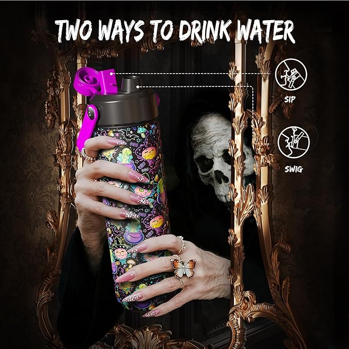 Halloween Insulated Water Bottle with Straw, Stainless Steel Water Bottle, Leak Proof BPA-Free, Keeps Cold for 24 Hours for Sports, Skull Spooky Holiday Gifts (26 oz, Meowgic Night)