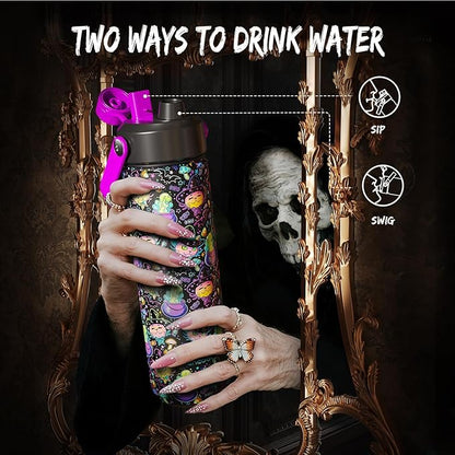 Halloween Insulated Water Bottle with Straw, Stainless Steel Water Bottle, Leak Proof BPA-Free, Keeps Cold for 24 Hours for Sports, Skull Spooky Holiday Gifts (26 oz, Meowgic Night)