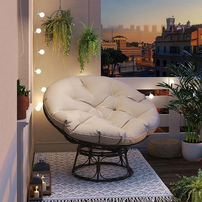 46'' Large Size Papasan Chair with Cushion and Frame, Lazy Circle Round Chair for Bedroom and Living Room, Beige