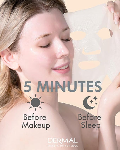DERMAL Charcoal Collagen Essence Korean Facial Mask Sheet Pack of 10 - Pore Purifying, Boosting Moisture, Rejuvenating Clarity - Hypoallergenic Skin Friendly Sheet