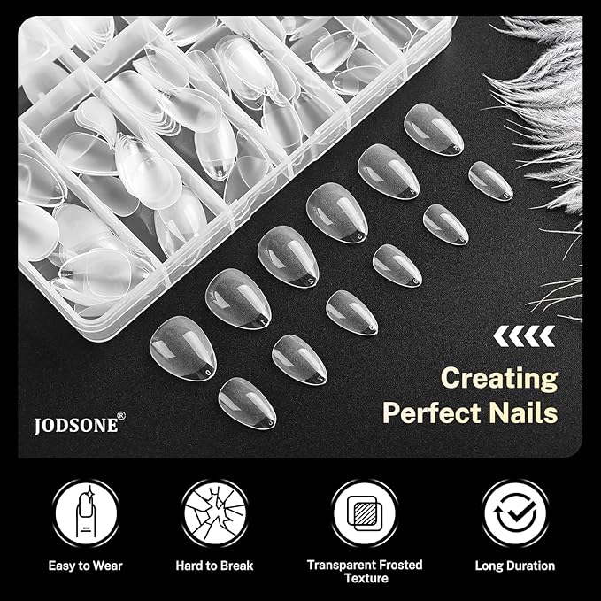 JODSONE Short Obese Almond Nail Tips 240Pcs Soft Nail Gel Tips 12 Sizes Half Matte Full Cover Clear Gelly Press on Flase Nail Tips for Extension Nail Manicure Home DIY