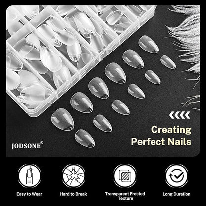 JODSONE Short Obese Almond Nail Tips 240Pcs Soft Nail Gel Tips 12 Sizes Half Matte Full Cover Clear Gelly Press on Flase Nail Tips for Extension Nail Manicure Home DIY