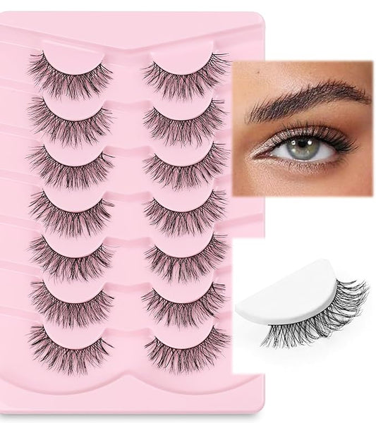 Natural Lashes False Eyelashes 14mm Strip Eyelashes Soft Wispy Lashes Thin Memory Band Volume Eye Lashes Pack C Curl Natural Eyelashes Fake Lashes 7 Pair EVENTILL