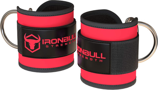 Iron Bull Strength Ankle Straps for Cable Machines (Pair) - Double D-Ring Attachment, Fully Adjustable, Breathable Comfort Neoprene - for Legs, Glutes, Abs and HIPS Workouts - Fits Women & Men (RED)