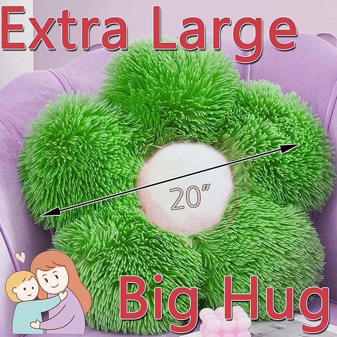 MorroMorn Flower Pillow Shaped Throw Pillows, 20" Floor Pillow Butt Cushion - Fluffy Shaggy Daisy Floral Decorative Pillows for Bed Couch Sofa Chair Cute Plush Faux Fur Room Decor (Green)