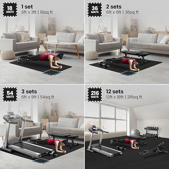bemaxx Gym Mats Set - 54 pcs EVA Interlocking Foam Floor Tiles (12.6"x12.6"x0.4") 54sqft Protective Gym Flooring Sports Home Workout Exercise Mats Puzzle Garage Fitness Play-Room Garage Pool Treadmill