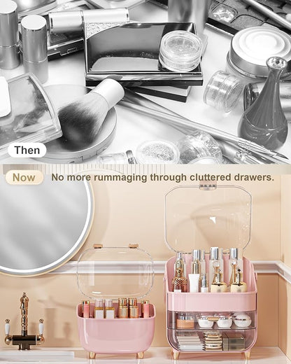 Makeup Organizer with Lipstick Holder, Skincare Organizers Storage Box Cosmetic Display Cases, Teen Girl Gifts Make up Organizers for Vanity, Dresser, Countertop, Bathroom(Pink)