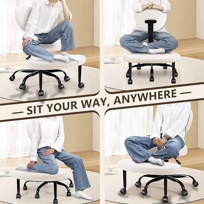 Ergonomic Cross Legged Office Chair with Wheels - Adjustable Height for Meditation, ADHD Desk & Yoga - Wide Criss Cross Design with Lumbar Support, Kneeling Chair - Off White