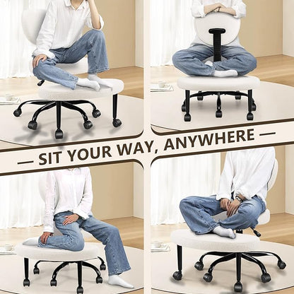Ergonomic Cross Legged Office Chair with Wheels - Adjustable Height for Meditation, ADHD Desk & Yoga - Wide Criss Cross Design with Lumbar Support, Kneeling Chair - Off White