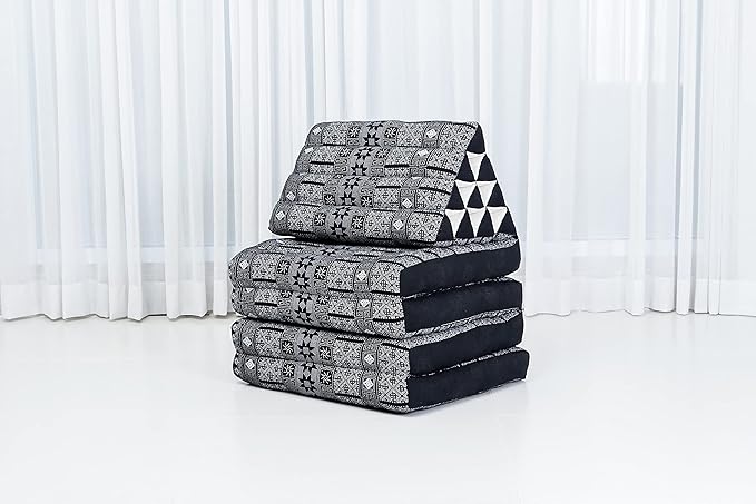 Leewadee Comfortable Japanese Floor Mattress - Thai Floor Bed with Triangle Cushion - Futon Mattress - XL Extra Long Thai Massage Mat, 89 x 20 inches, Black, Kapok Filling