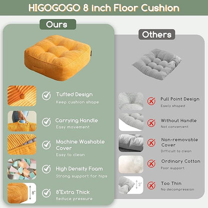 8" Washable Floor Pillow Cushion for Adults, Meditation Cushion Pillow, Large Square Floor Sitting, Removable Tufted Corduroy Cover, for Tatami Living Room or Yoga, 22x22 Inch, Machine Washable