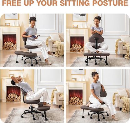 Cross Legged Office Chair, Criss Cross Desk Chair ADHD Meditation Kneeling Yoga Seat with Adjustable Height, Lumbar Support, Wider Footrest and Wheels (Dark Brown)
