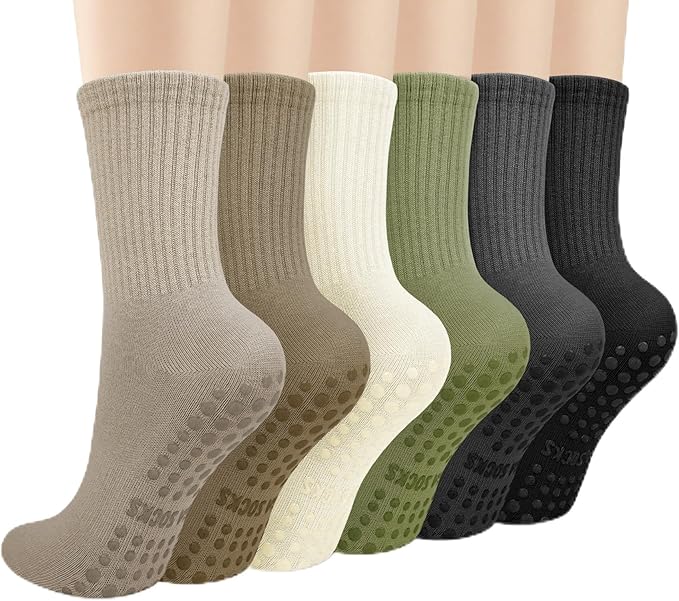 Justay 6 Pairs Pilates Socks with Grips for Women Soft Non Slip Crew Cotton Athletic Workout Barre Hospital Yoga Socks