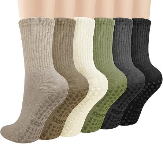 Justay 6 Pairs Pilates Socks with Grips for Women Soft Non Slip Crew Cotton Athletic Workout Barre Hospital Yoga Socks