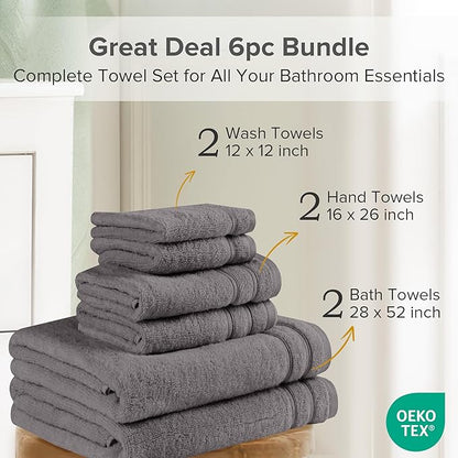 Comfort Spaces Bathroom Towel Set of 6 Piece Luxury Bath Towel Set 2 Hand Towel for Bathroom 2 Washcloth 2 Large Bath Towel Sets 100% Cotton Quick Dry Towel Zero Twist Soft Lightweight Dark Grey