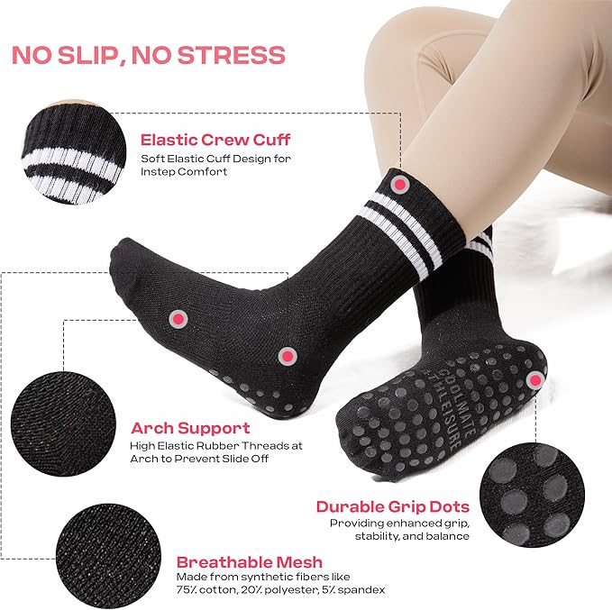 CoolMate Pilates Socks with Grips for Women, Yoga Socks, Crew Non Slip Women for Workout, Barre, Pilates Gifts