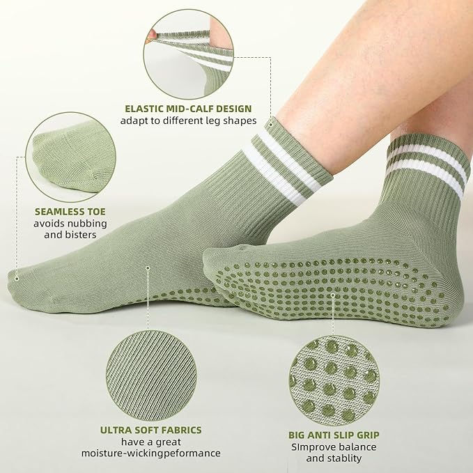 Jeyiour 4 Pairs Womens Pilates Socks with Grip Long Non Slip Yoga Crew Socks for Barre Hospital Home Workout