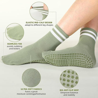Jeyiour 4 Pairs Womens Pilates Socks with Grip Long Non Slip Yoga Crew Socks for Barre Hospital Home Workout