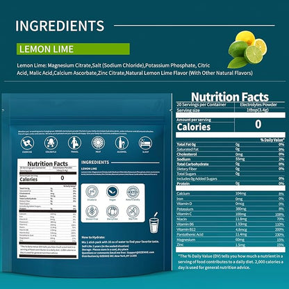 Electrolytes Powder Packets, Hydration Packets, Electrolytes Sugar Free, Portable Electrolyte Drink Mix for Rapid Hydration, No Sugar & Low Sodium | 0 Calorie | Lemon Lime Flavor | 20 Sticks