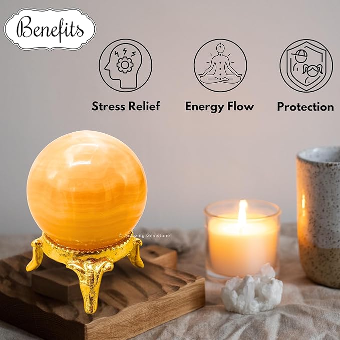 Amazing Gemstone Yellow Calcite Crystal Ball with Stand - 2 Inches Crystal Sphere Meditation Balls for Witchcraft and Decorative Balls