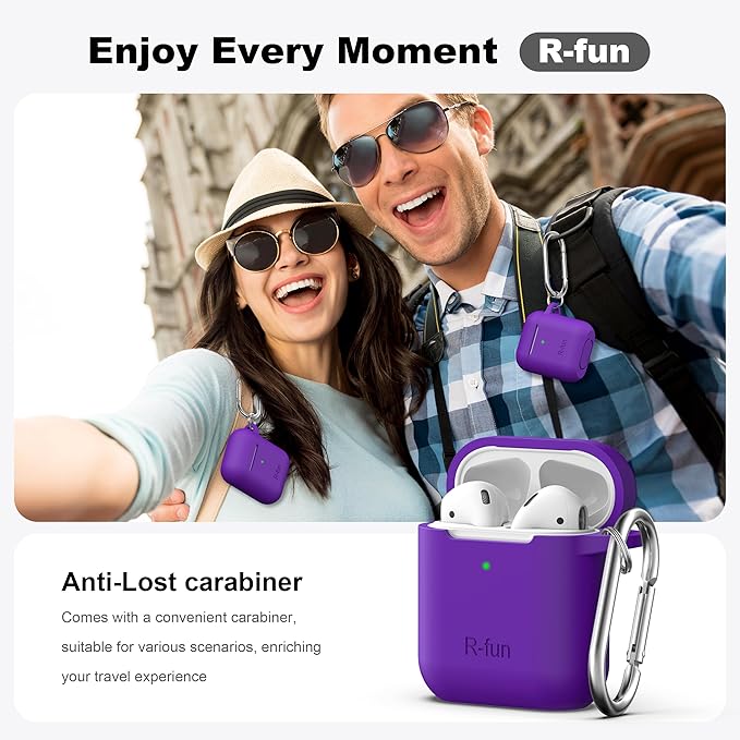 R-fun Compatible with AirPods Case Cover, Soft Silicone Protective Cover with Keychain for Women Men Compatible with Apple AirPods 2nd 1st Generation Charging Case, Front LED Visible,Purple
